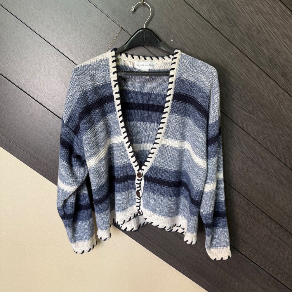 Paris Sport Club Women's Striped Ramie Cotton Cardigan Sweater L Blue Costal